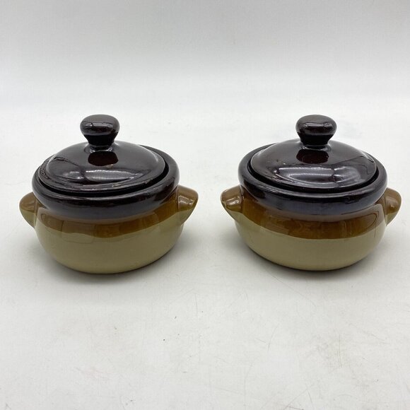 VTG French Onion Soup Crocks Lot of 2 Bean Pot‎ Bowl Stew Brown Handle Stoneware - Picture 1 of 8
